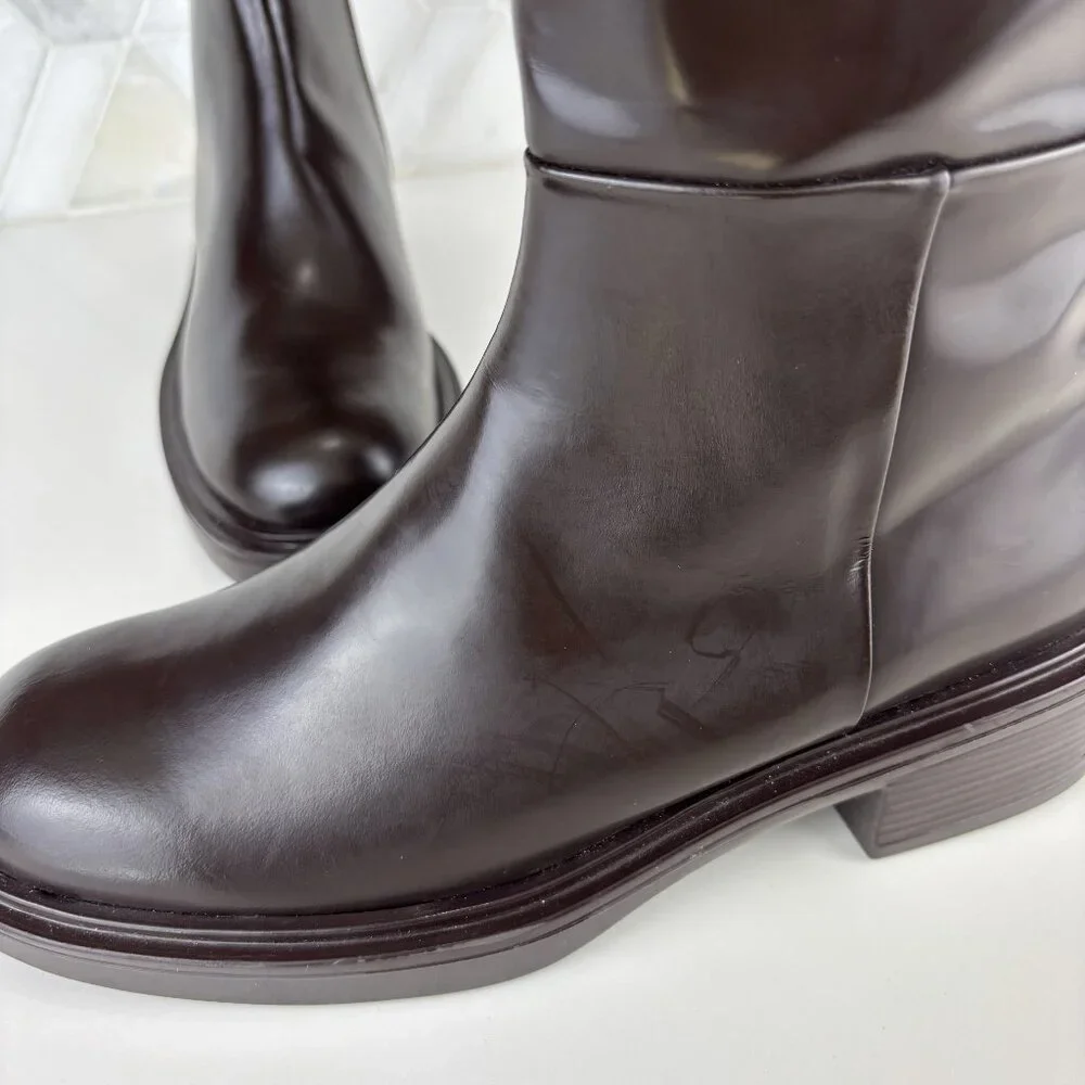 39/9 Dark Brown Walnut Round Toe Block Heel Wide Sole Knee High Pull On Zip Boot - Picture 10 of 16
